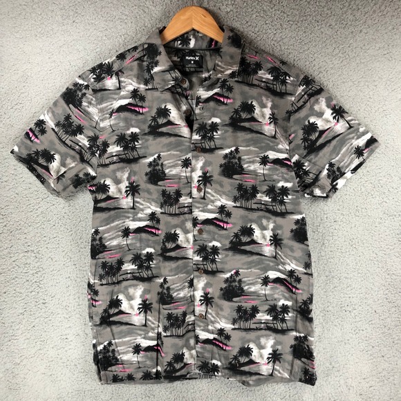 Hurley Other - Hurley Mens Short Sleeve Button Down Shirt Gray Pink Tropical Island Palm Tree M